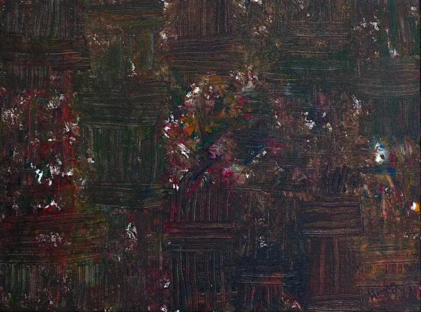 Abstract painting in a dark palette with a texture like woven fibres interspersed with splotches of color signifying the process of healing after a break