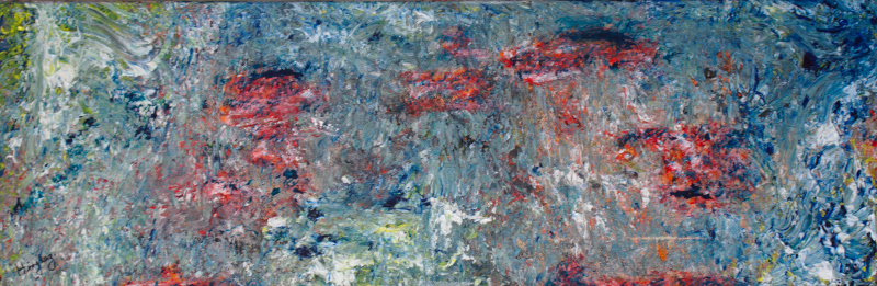 Abstract painting in a light blue and lavendar palette with a textured surface showing a mottled blue gray expance with flecks of color reminiscent of the cosmos