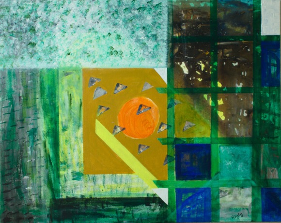 Abstract Painting in blue and green signifying an abstract view of a garden with the sun shining overhead
