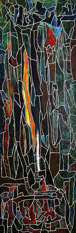Vertical abstract painting with white lines zigzagging across a palette of brown, black, blue, yellow and red